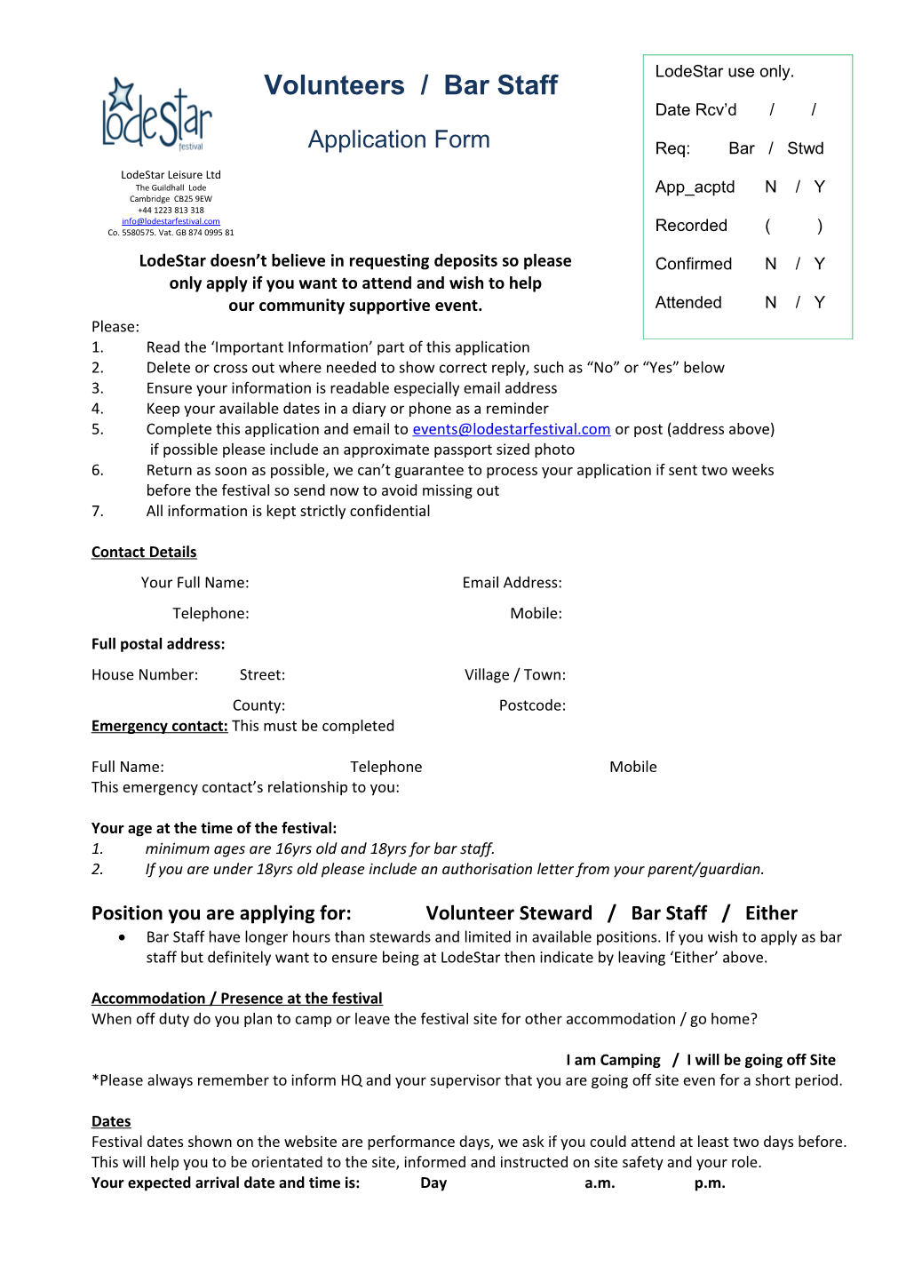 Volunteer Applcation Form