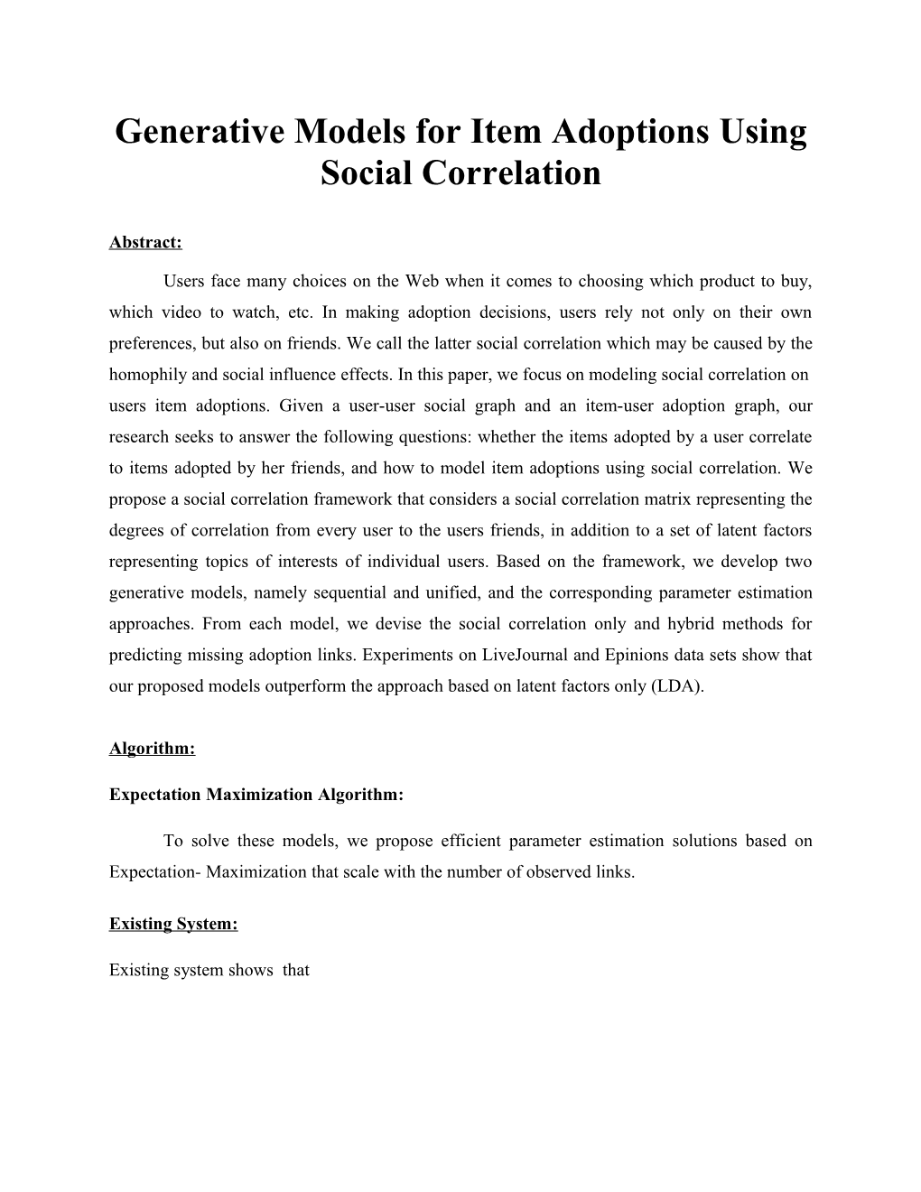 Generative Models for Item Adoptions Usingsocial Correlation
