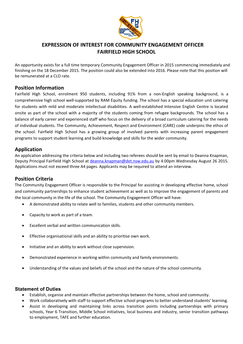 EXPRESSION of INTEREST for Community Engagement Officer