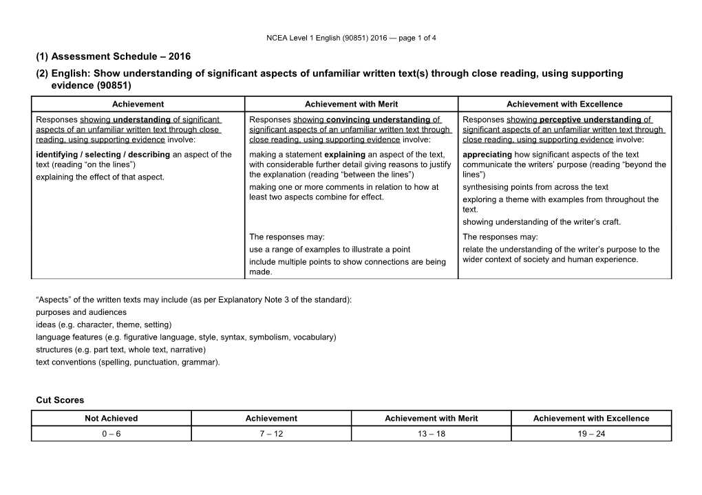 NCEA Level 1 English (90851) 2016 Assessment Schedule