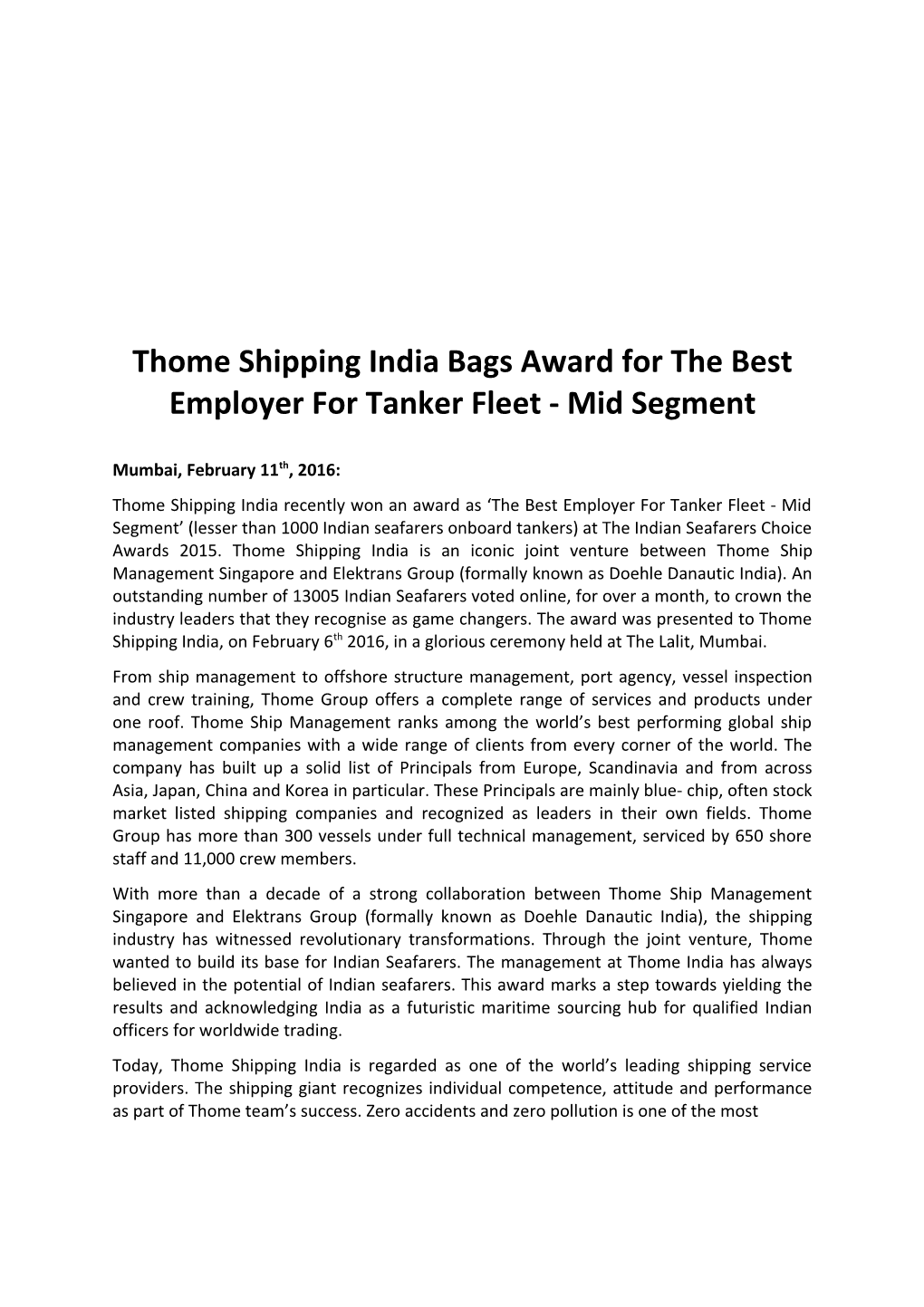 Thome Shipping India Bags Award for the Best Employer for Tanker Fleet - Mid Segment