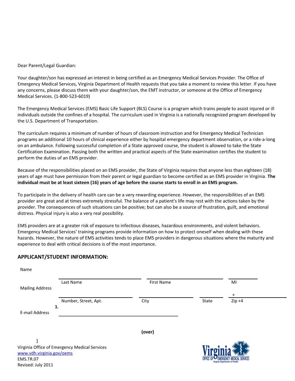 Student Permission Form for BLS Students Less Than 18 Years Old