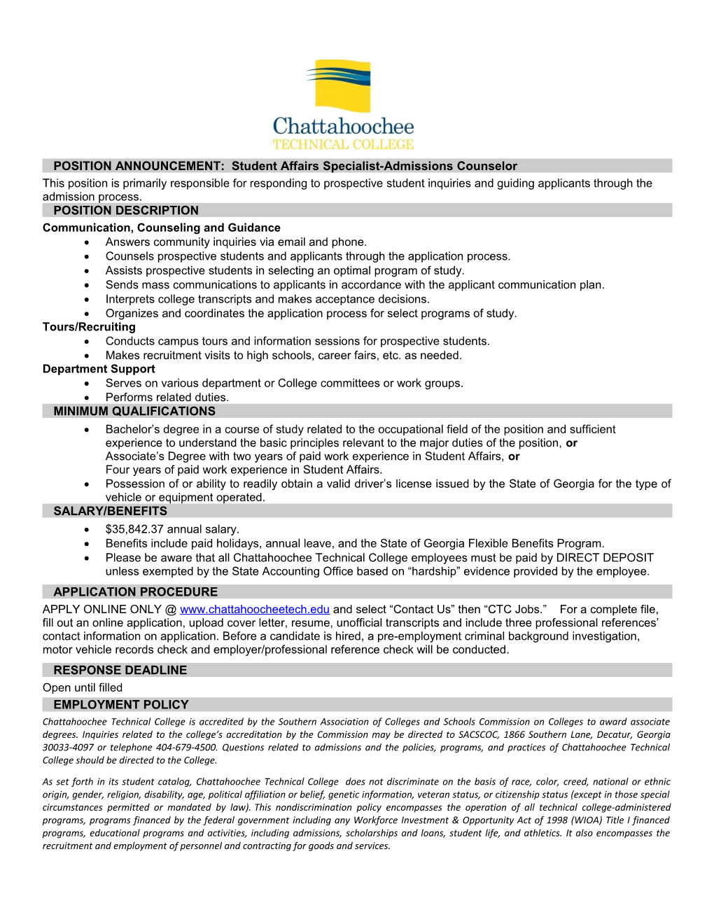 POSITION ANNOUNCEMENT: Student Affairs Specialist-Admissions Counselor