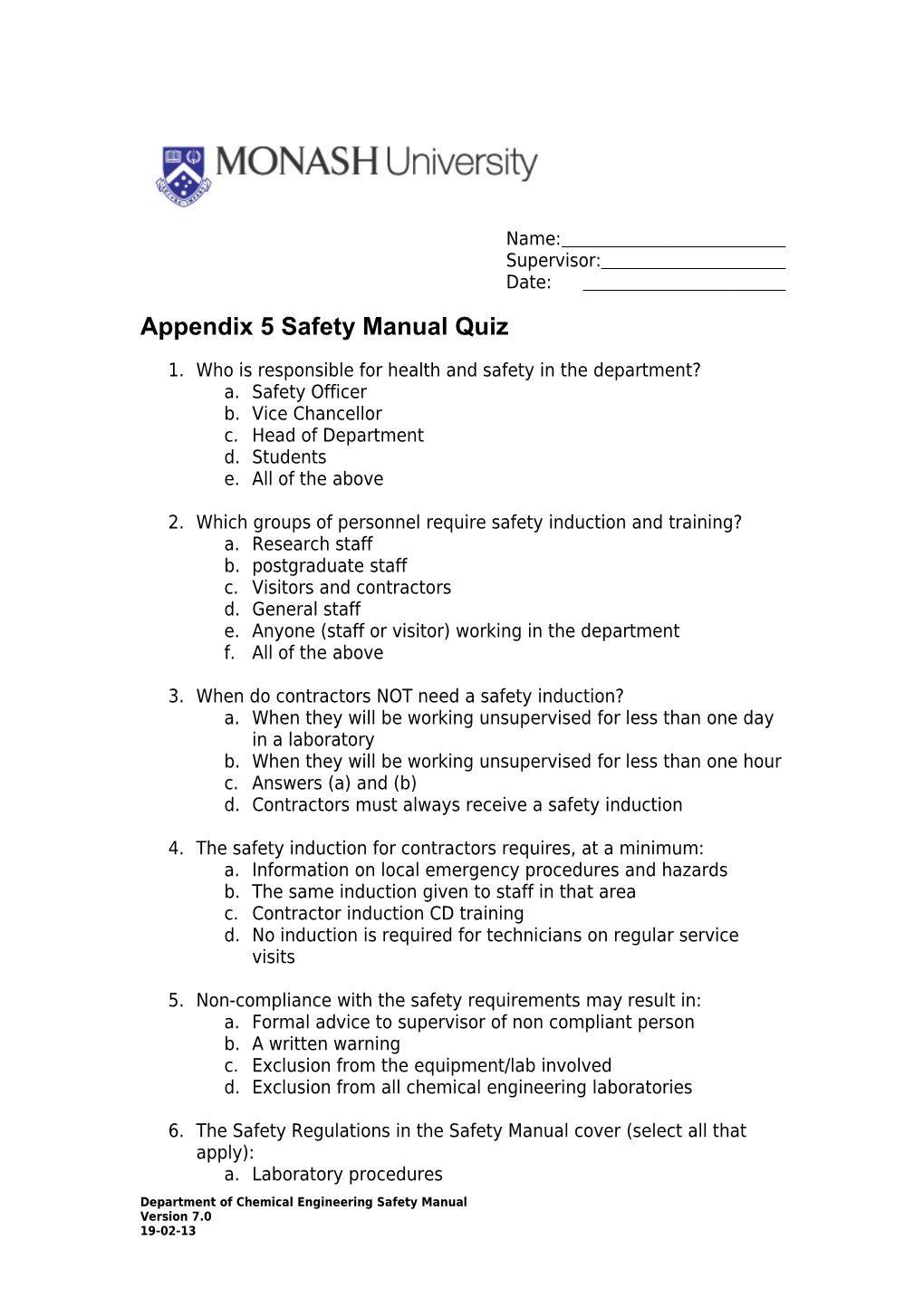 Safety Handbook Questions