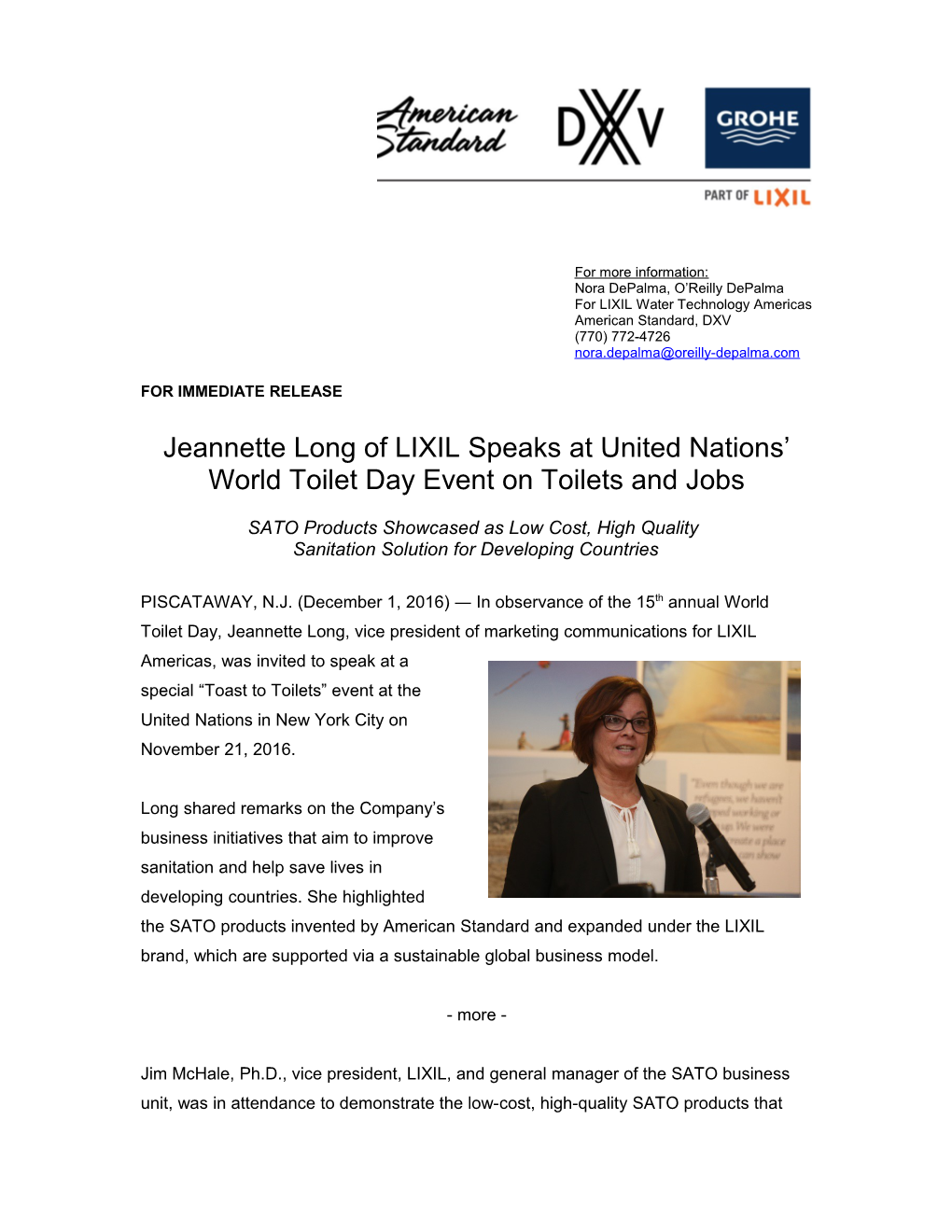 Jeannette Long of LIXIL Speaks at United Nations World Toilet Day Event on Toilets And