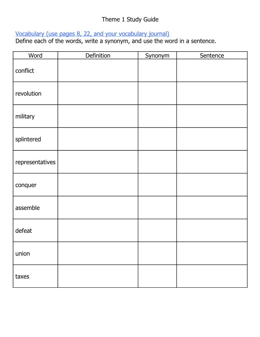Vocabulary (Use Pages 8, 22, and Your Vocabulary Journal)