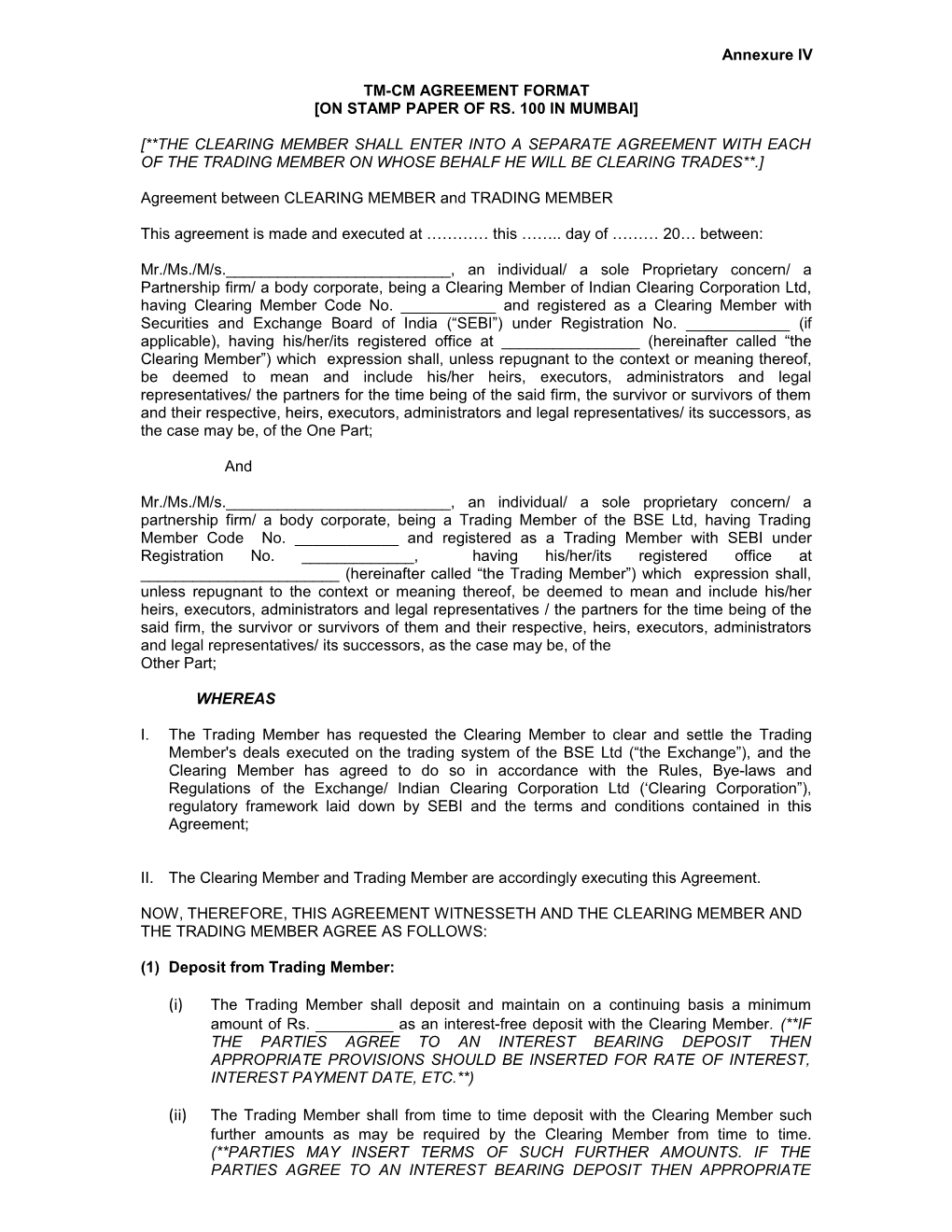 Agreement Between CLEARING MEMBER and TRADING MEMBER