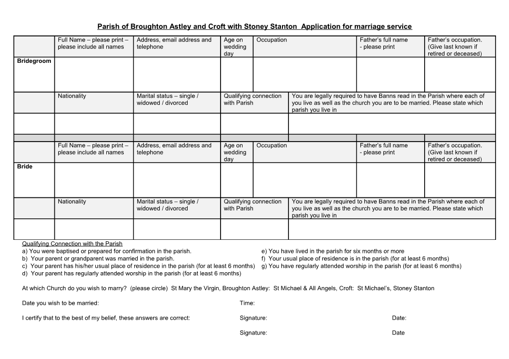 Parish of Broughton Astley and Croft with Stoney Stanton Application for Marriage Service