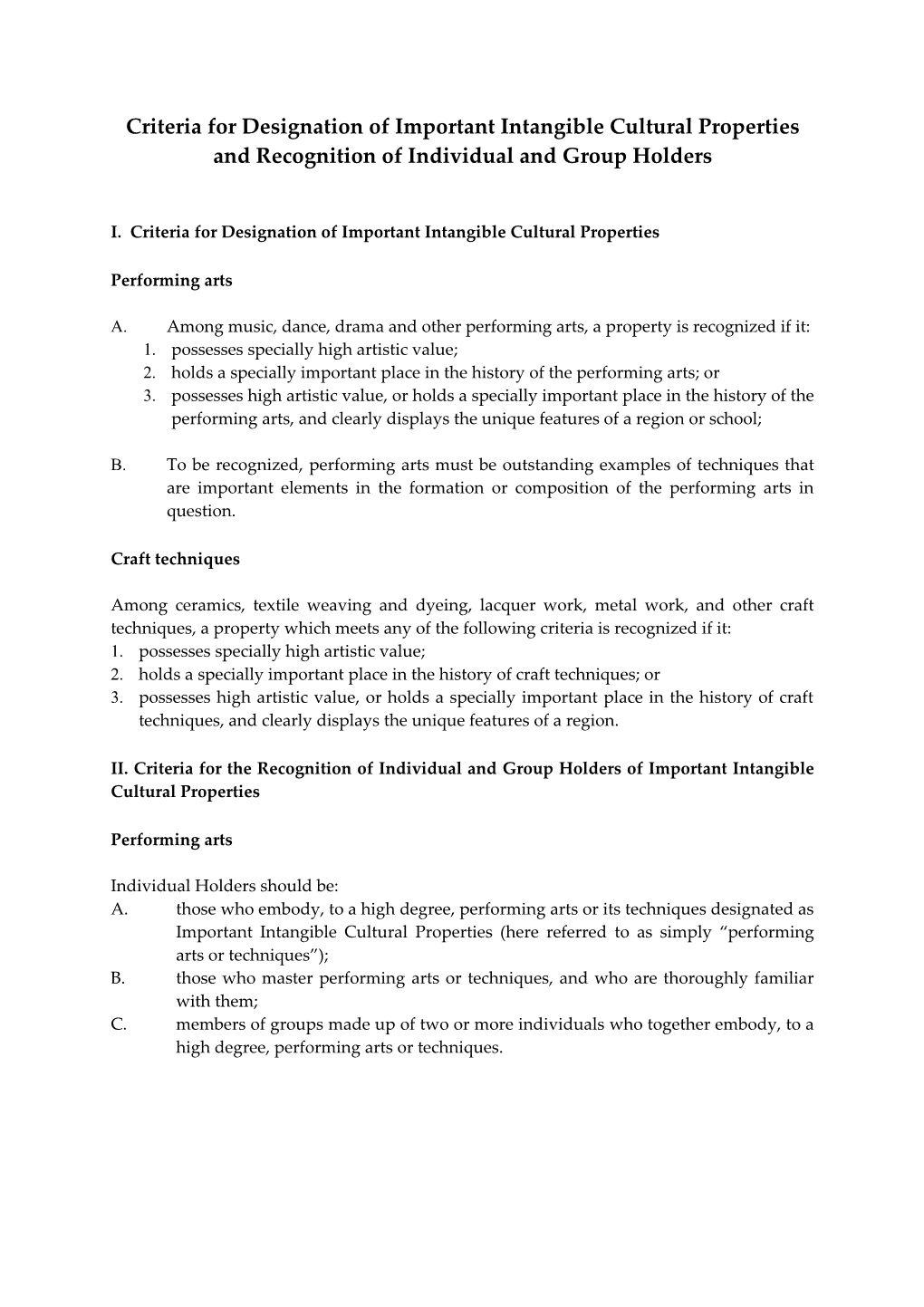 Criteria for Designation of Important Intangible Cultural Properties and Recognition Of