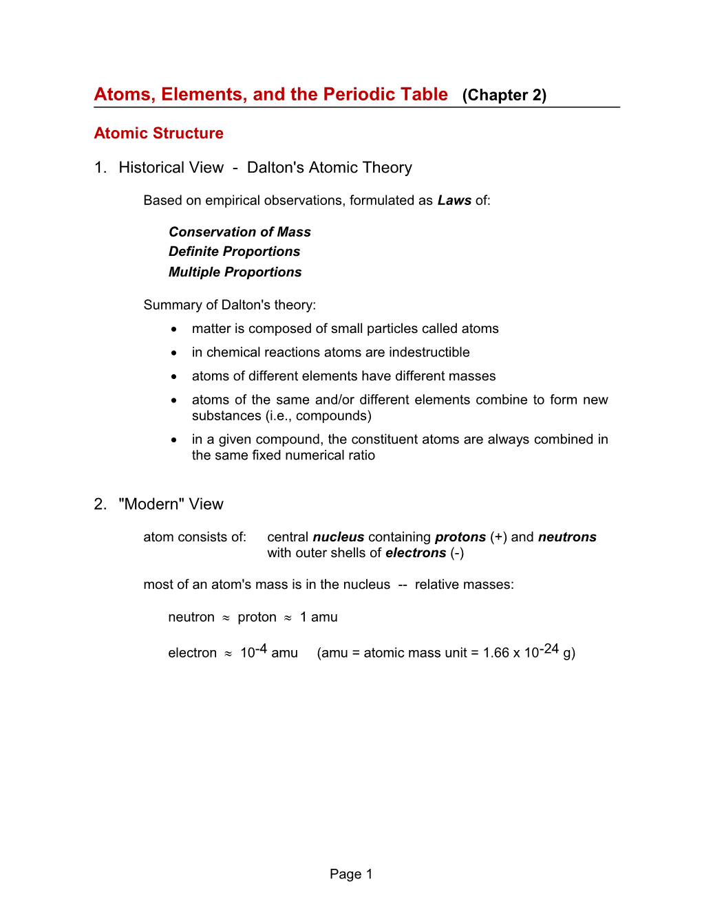 Atoms, Elements, and the Periodic Table (Chapter 2)