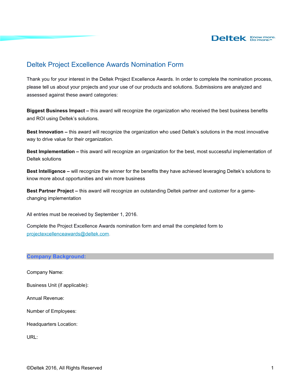 Deltek Project Excellence Awards Nomination Form