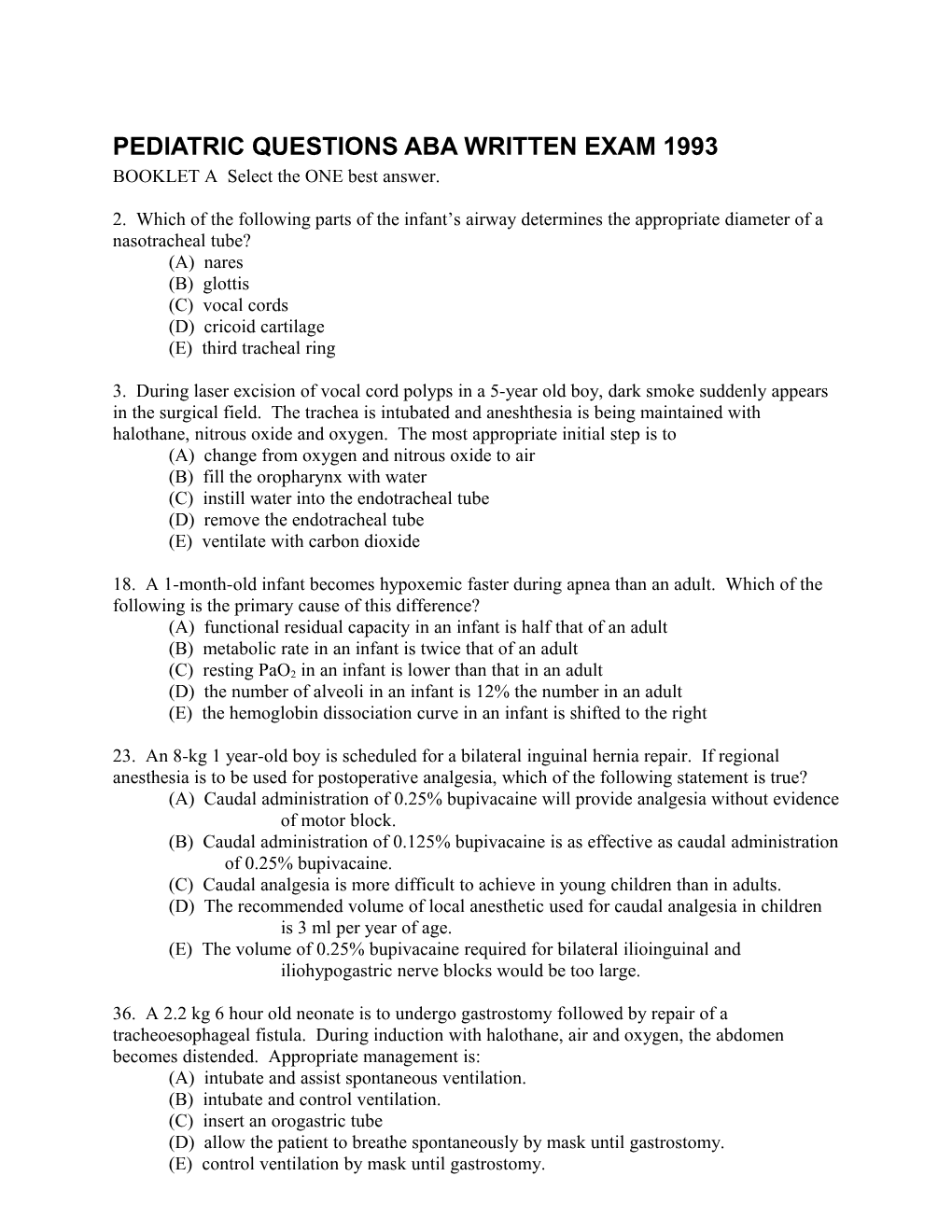 Pediatric Questions Aba Written Exam 1993