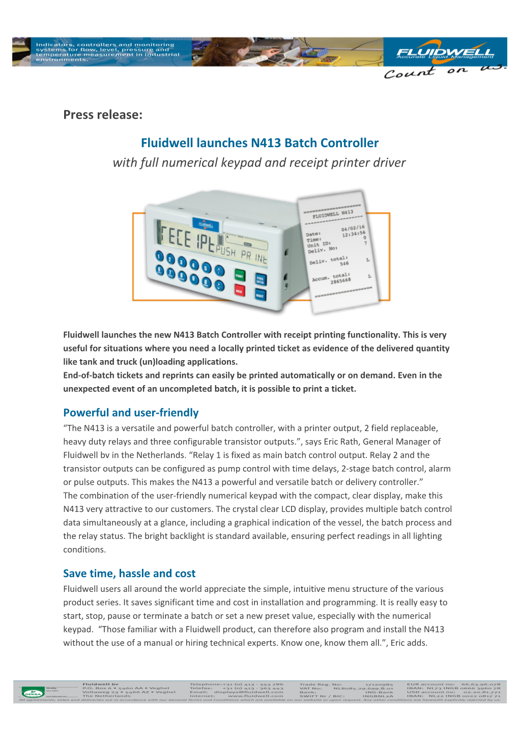 Fluidwell Launches N413 Batch Controller