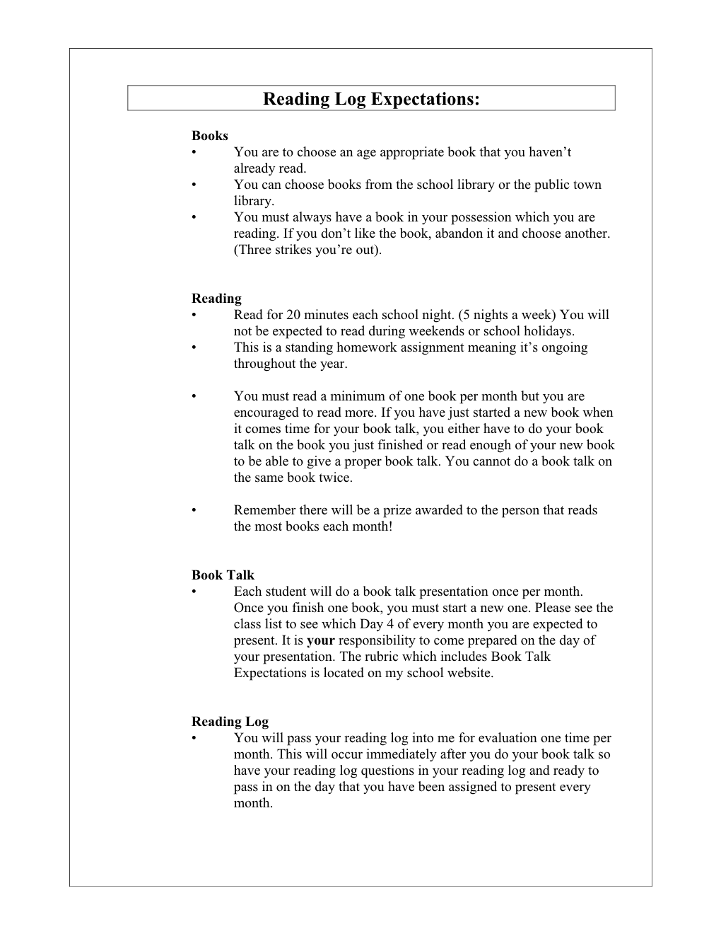 New Reading Log Expectations (Effective Nov