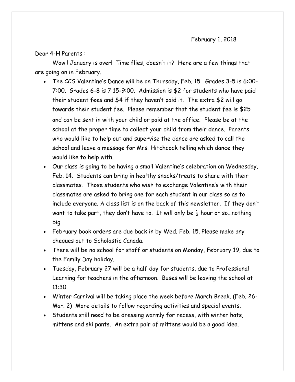 Grade 4 February Class Newsletter