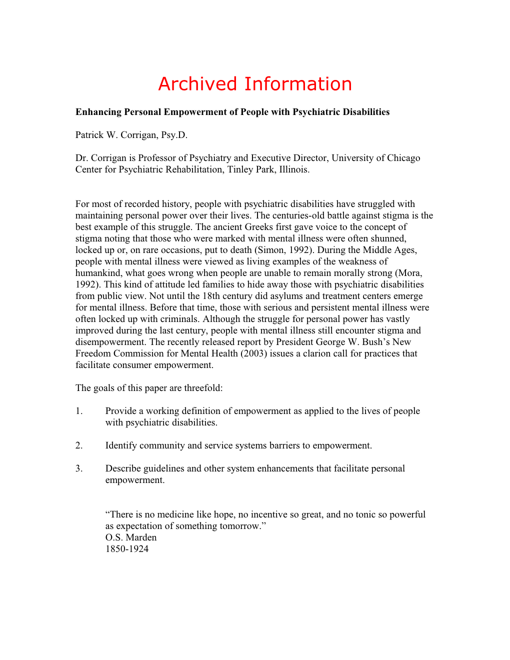 Archived American Rehabilitation, Autumn 2004, Patrick W. Corrigan, Psy.D. (MS Word)