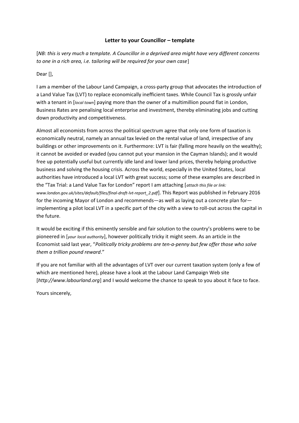 Letter to Yourcouncillor Template