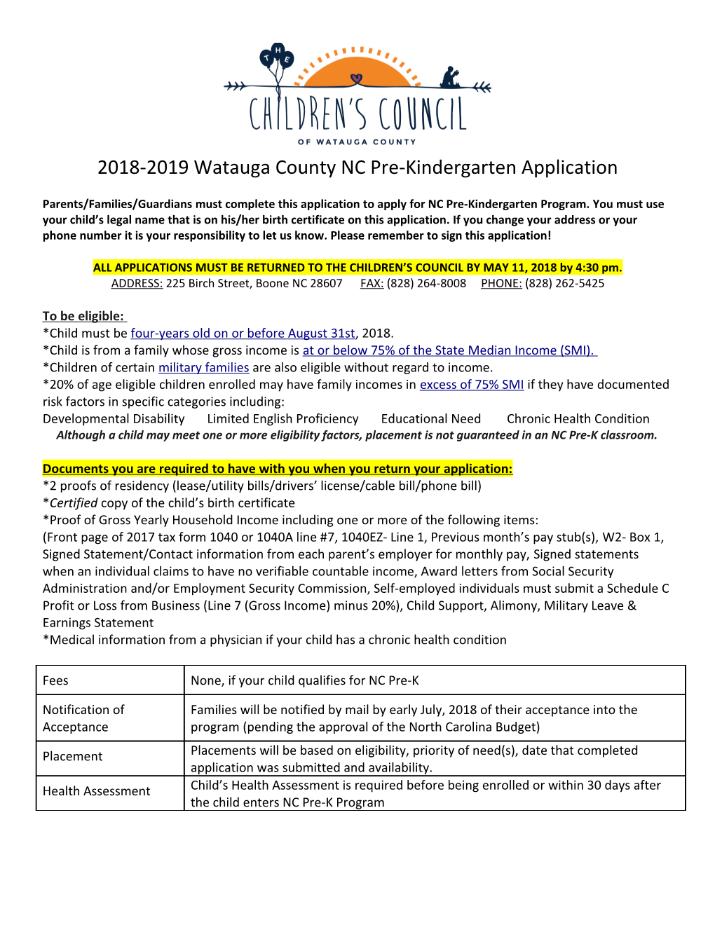 2018-2019 Watauga County NC Pre-Kindergarten Application