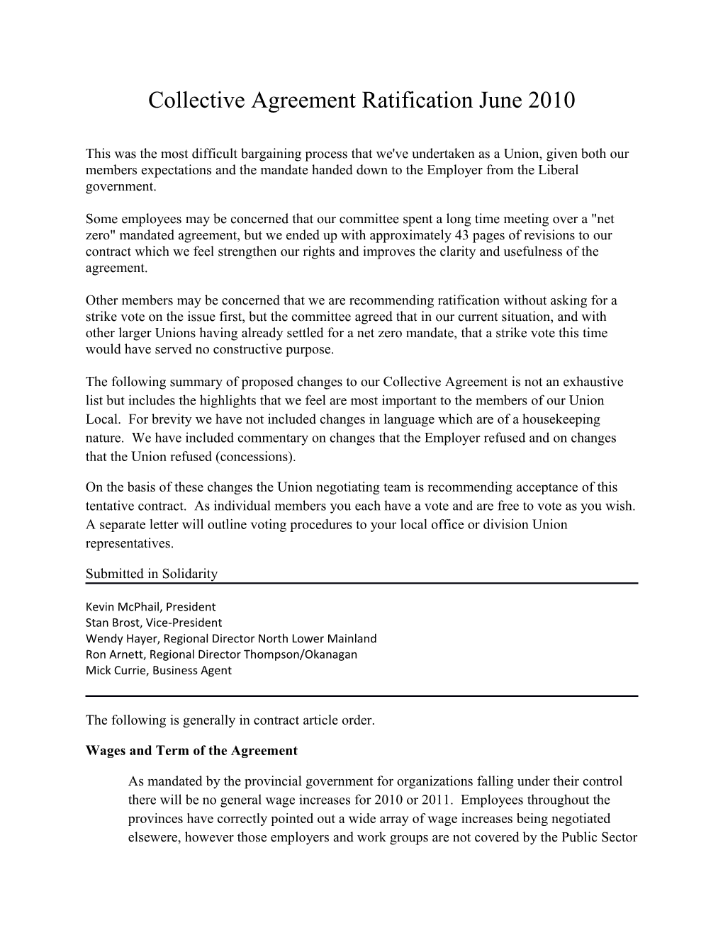 Collective Agreement Ratification June 2010