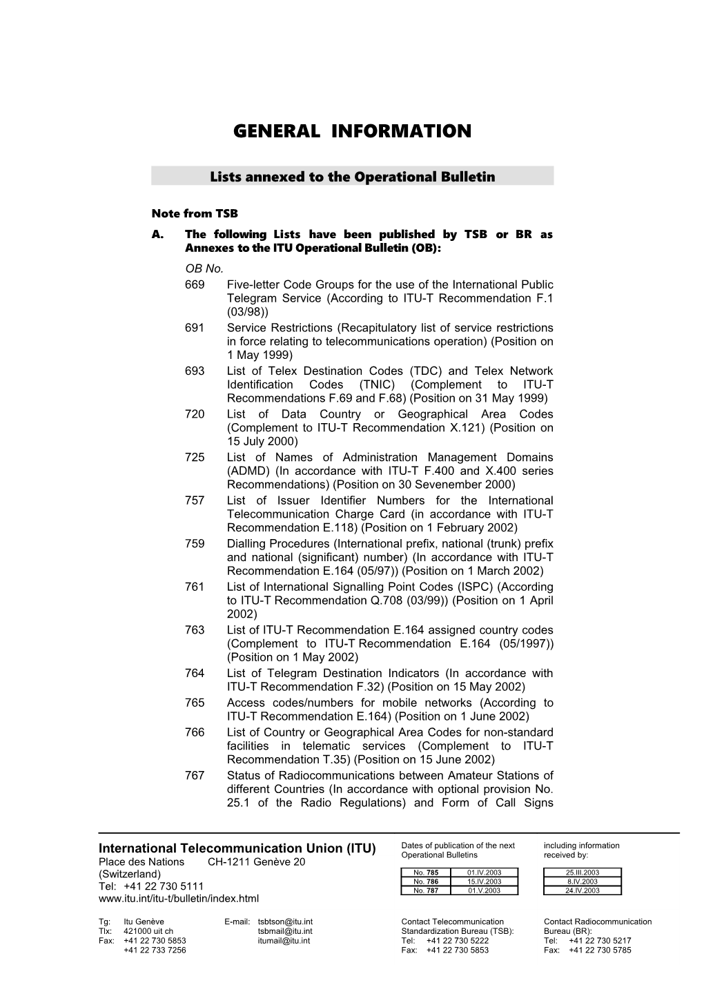 ITU Operational Bulletin No. 784 - 15.III.2003