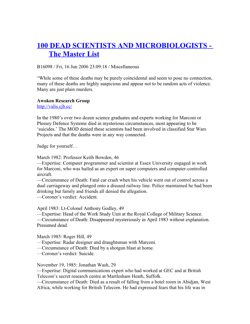 100 DEAD SCIENTISTS and MICROBIOLOGISTS - the Master List