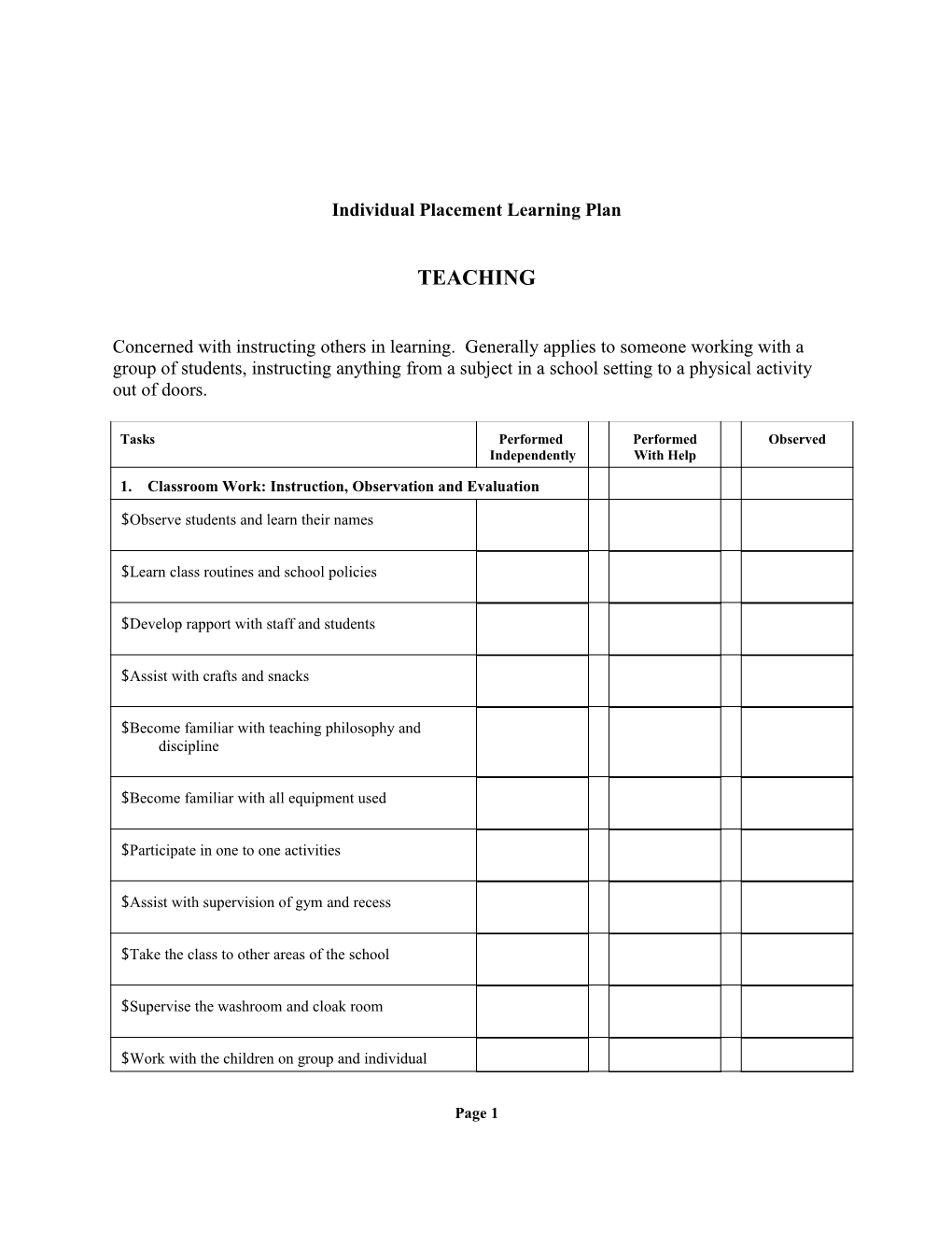 Individual Placement Learning Plan