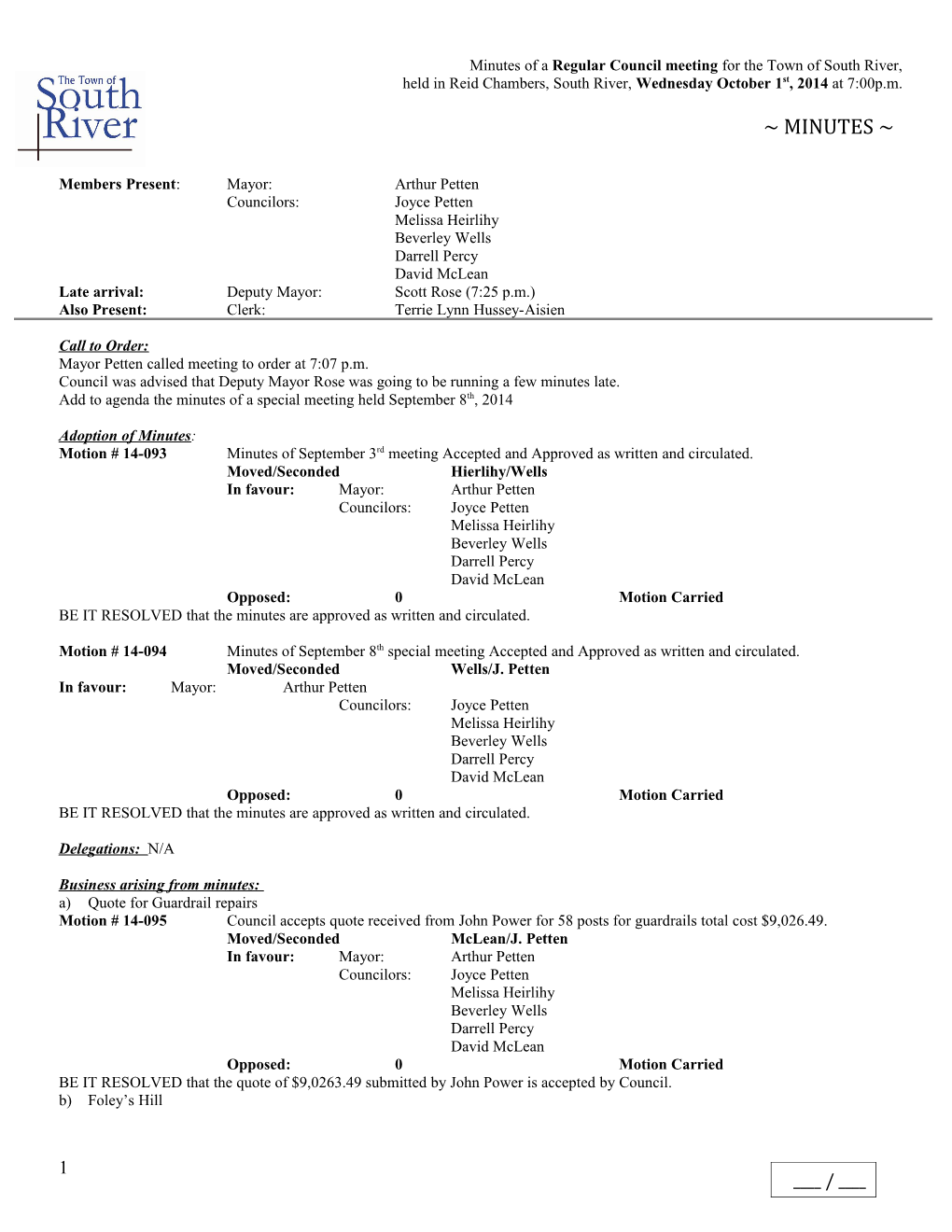 Minutes of a Regular Council Meeting for the Town of South River