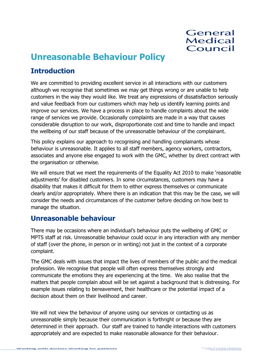 Unreasonable Behaviour Policy