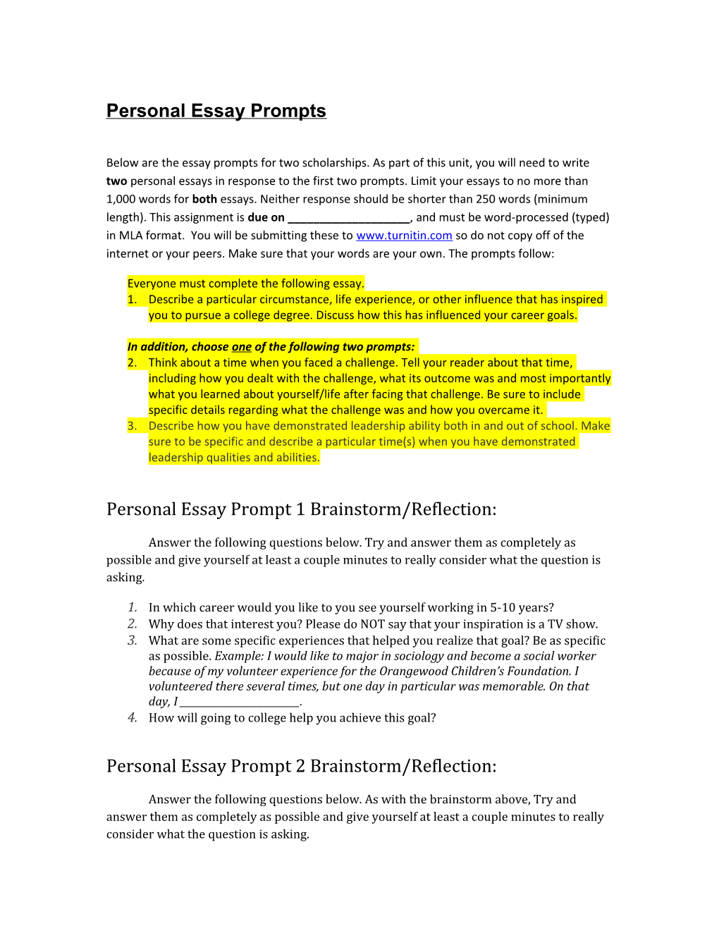 Personal Essay Prompts