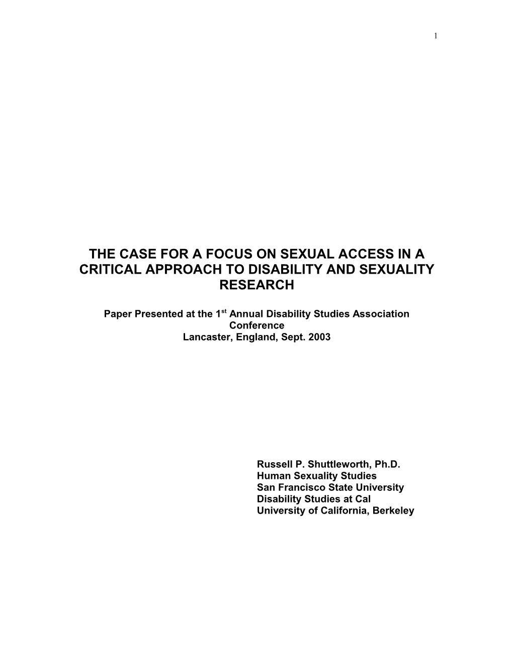 The Case for a Focus on Sexual Access in a Critical Approach to Disability and Sexuality