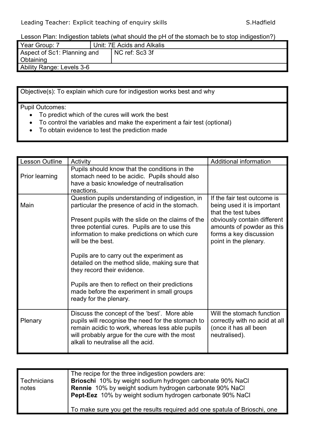 Leading Teacher: Explicit Teaching of Enquiry Skillss.Hadfield