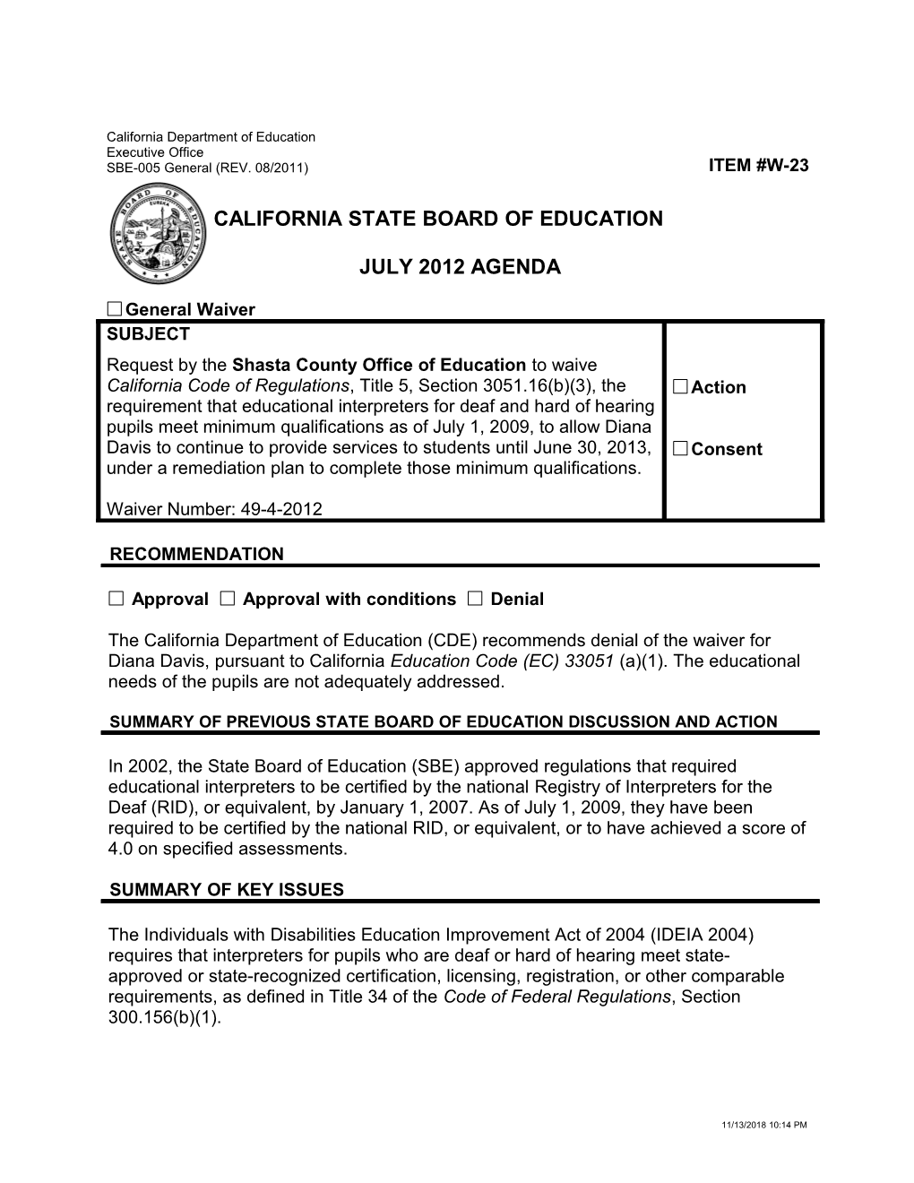 July 2012 Waiver Item W23 - Meeting Agendas (CA State Board of Education)