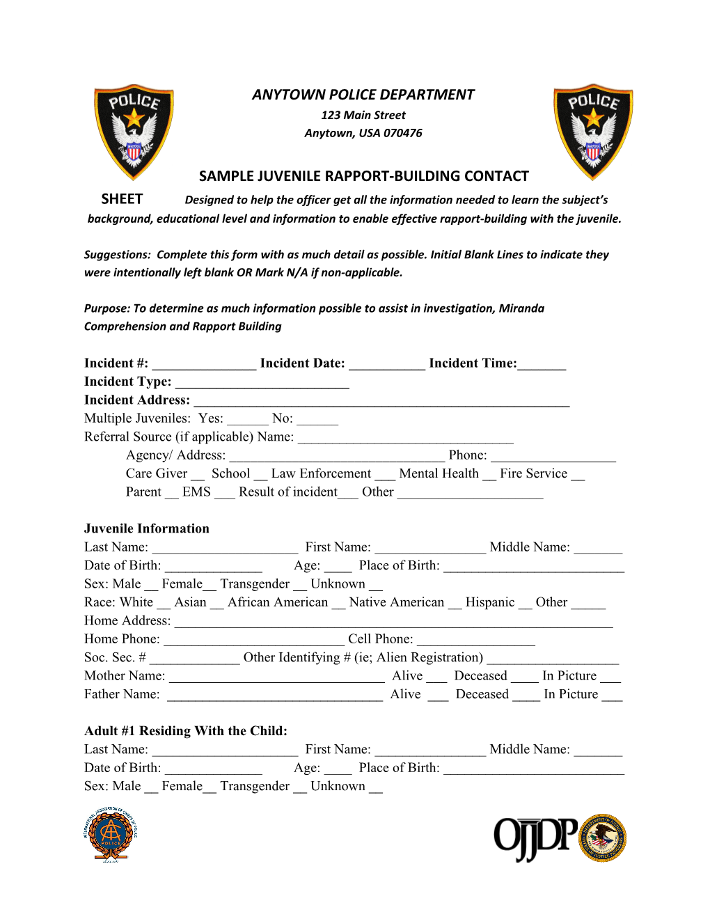 SAMPLE JUVENILE RAPPORT-BUILDING CONTACT Sheetdesigned to Help the Officer Get All The