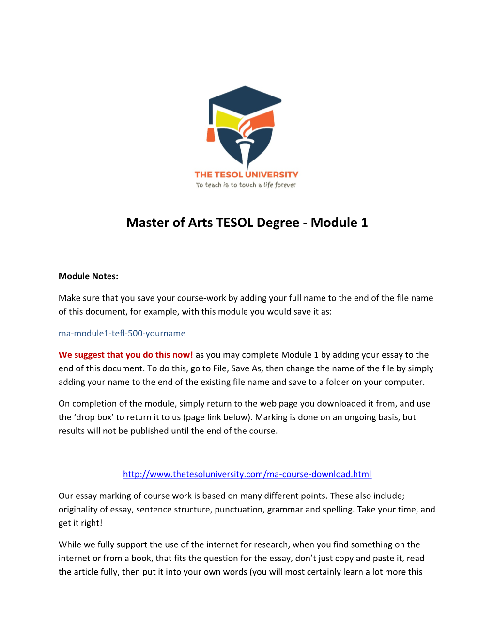 Master of Arts TESOL Degree - Module 1
