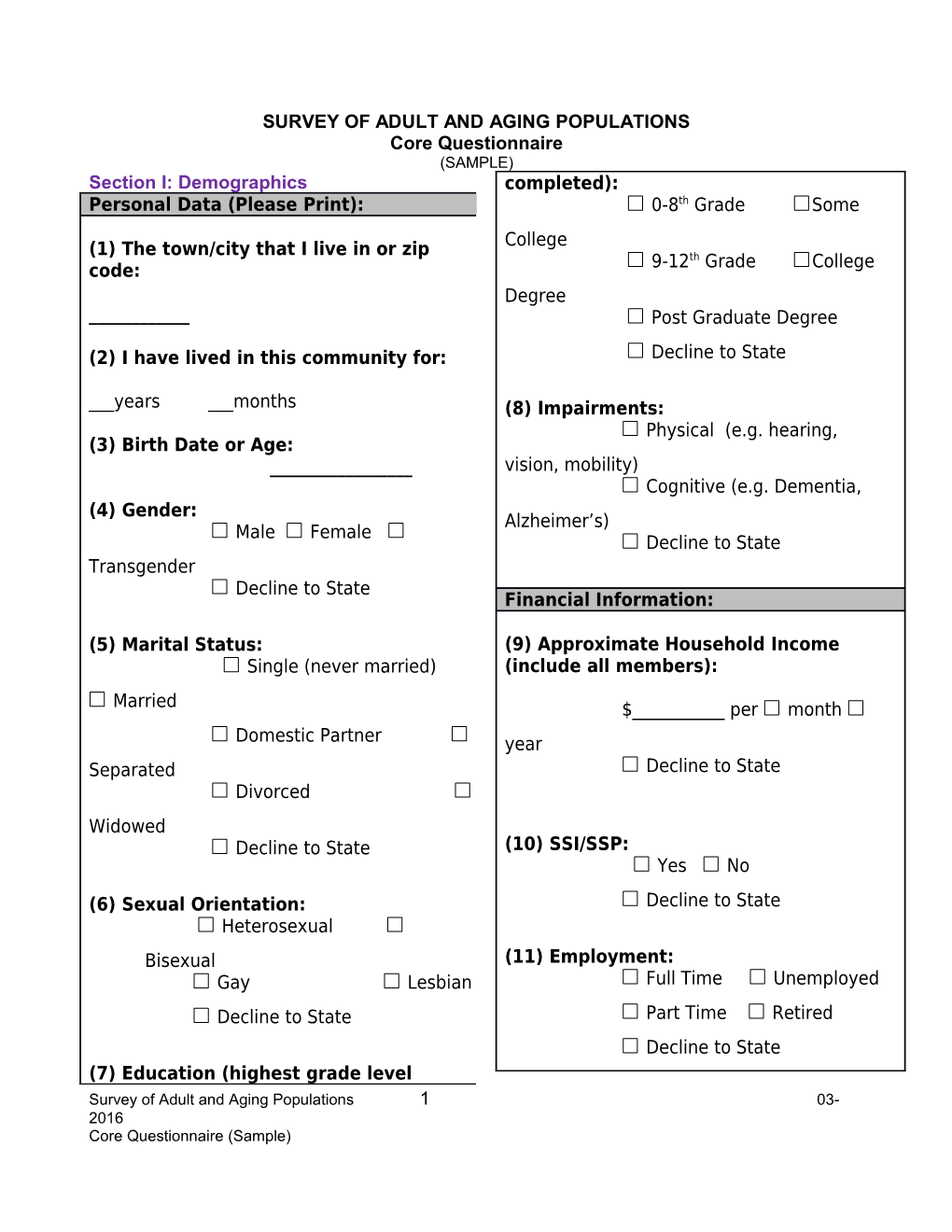 Survey of Adult and Aging Populations