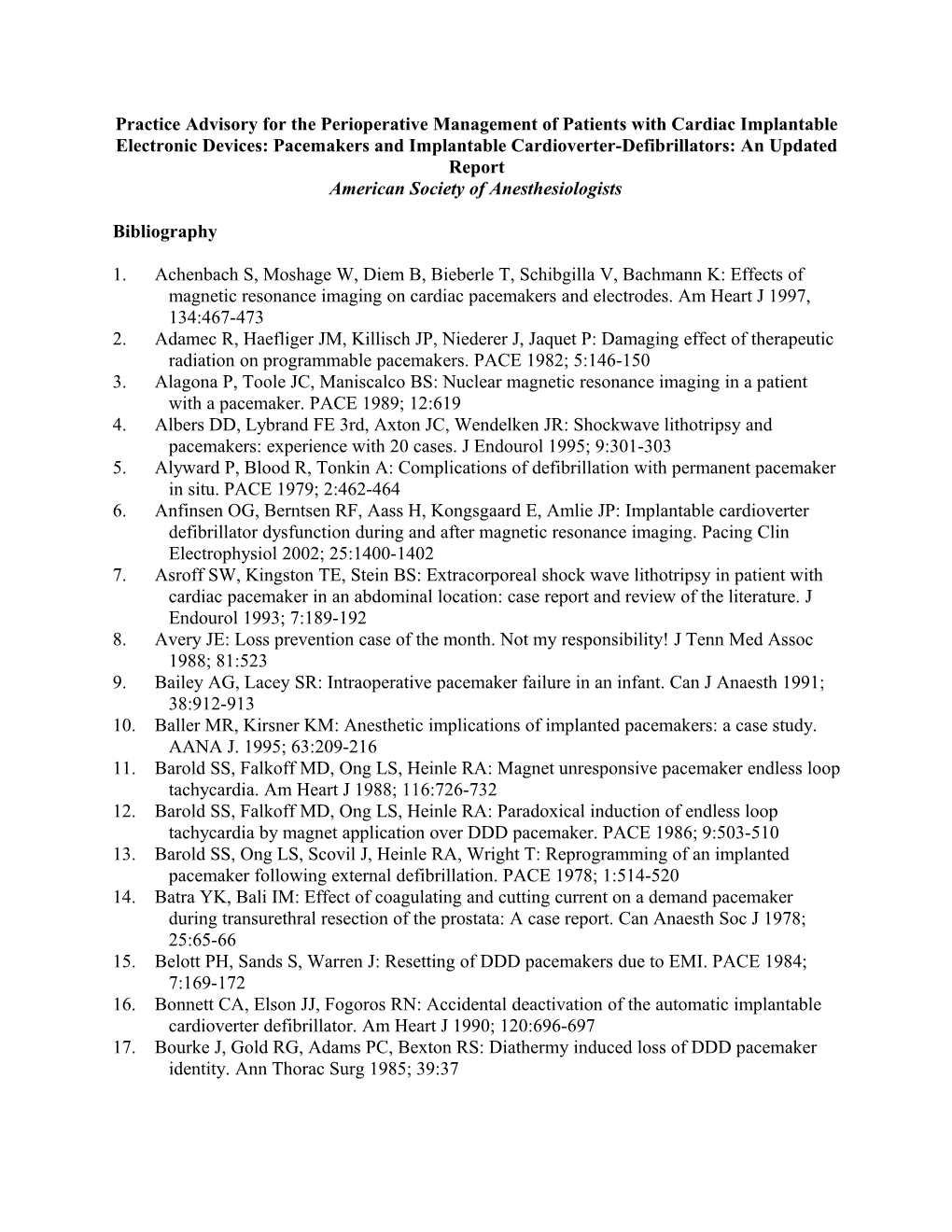 Practice Advisory for the Perioperative Management of Patients with Cardiac Implantable