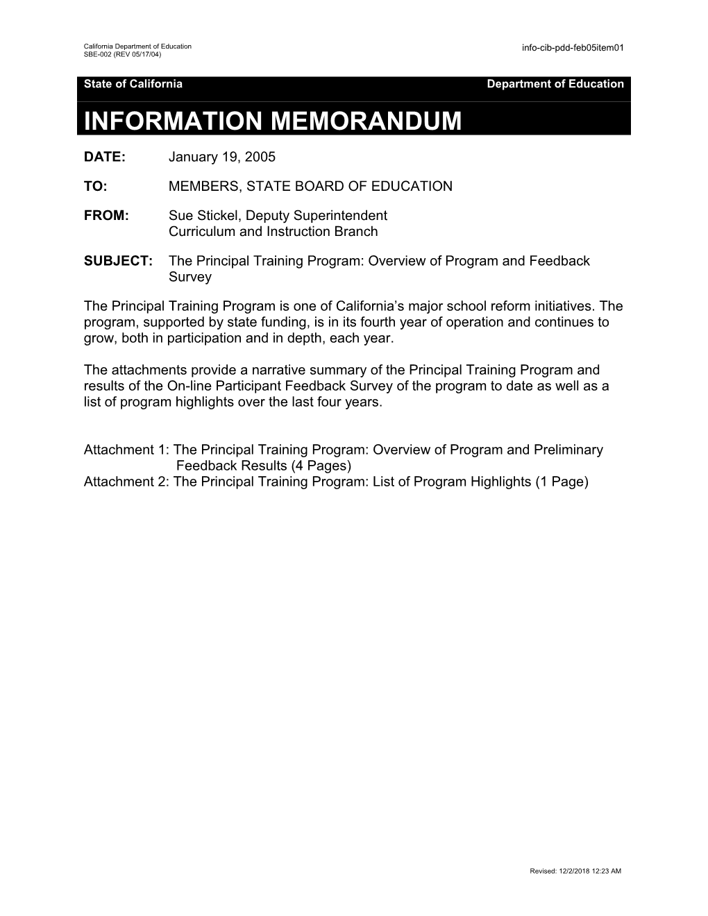 February 2005 PDD Item 1 - Information Memorandum (CA State Board of Education)