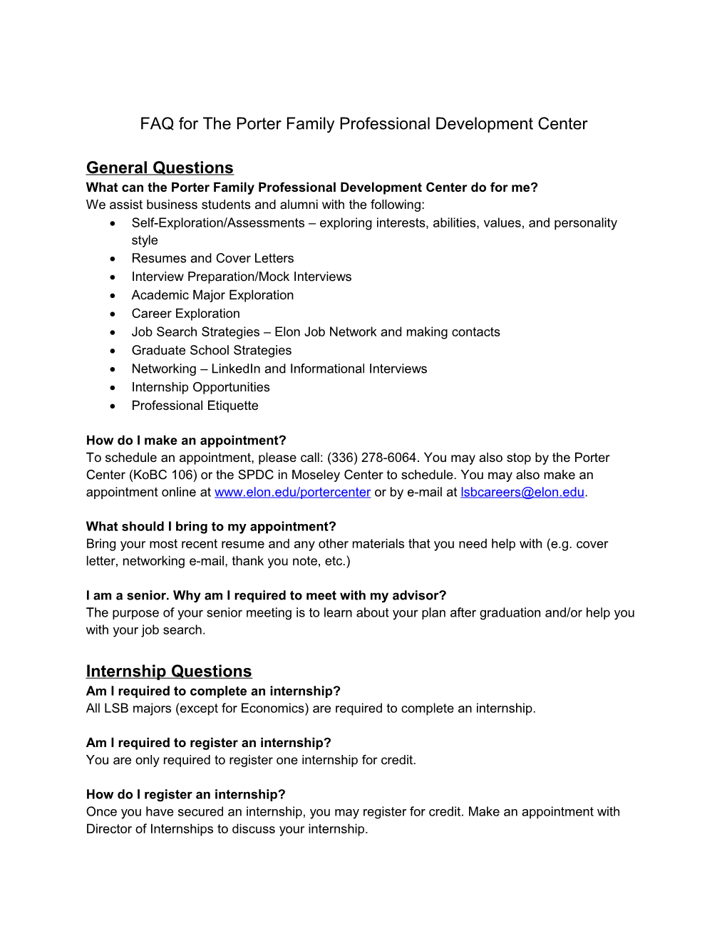 FAQ for the Porter Family Professional Development Center