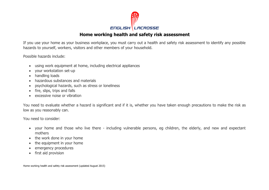Home Working Health and Safety Risk Assessment