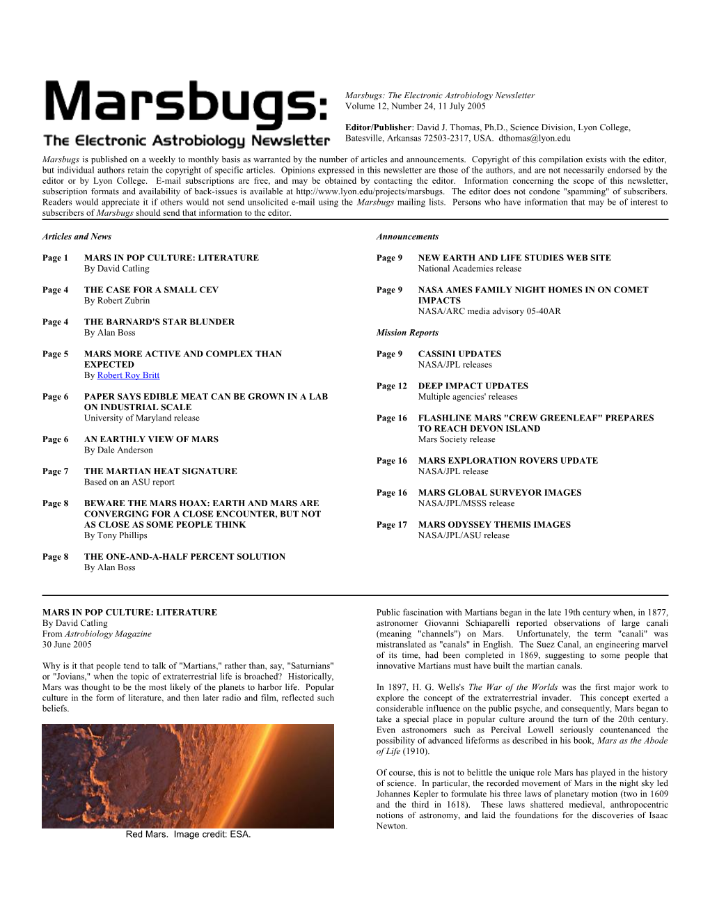 Marsbugs: the Electronic Astrobiology Newsletter , Volume 12, Number 24, 11 July 2005