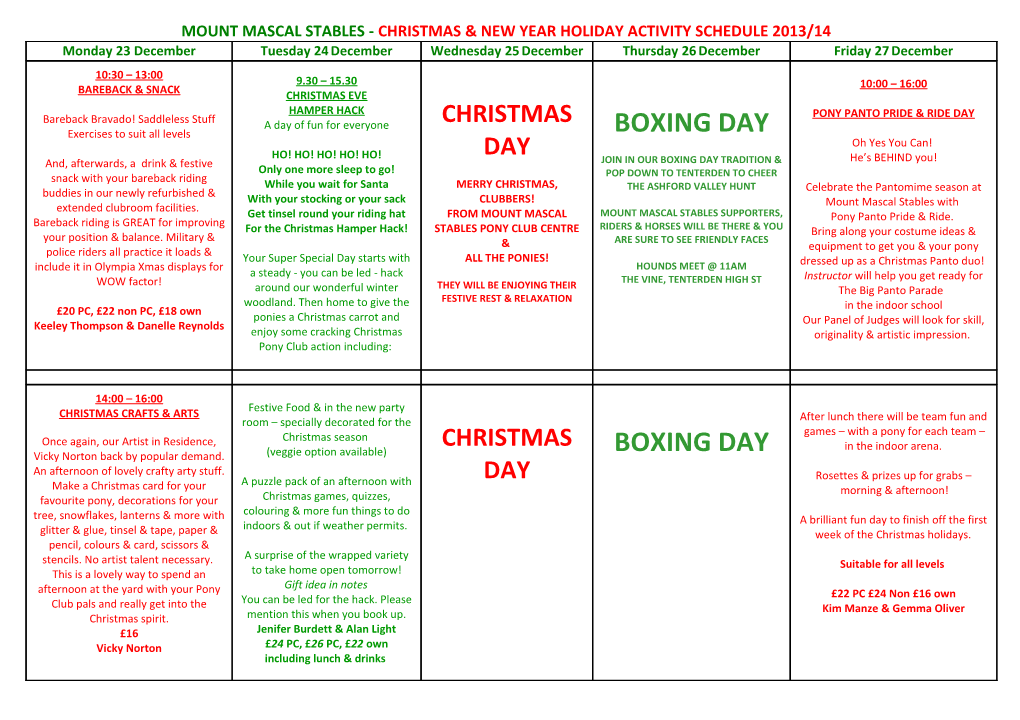 Mount Mascal Stables - Christmas & New Year Holiday Activity Schedule 2013/14