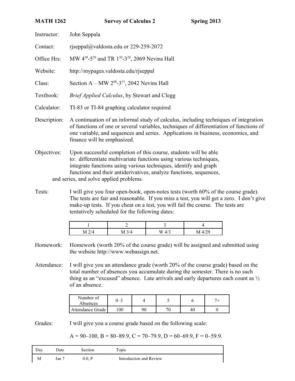 MATH 1262 a Syllabus Fall 2012