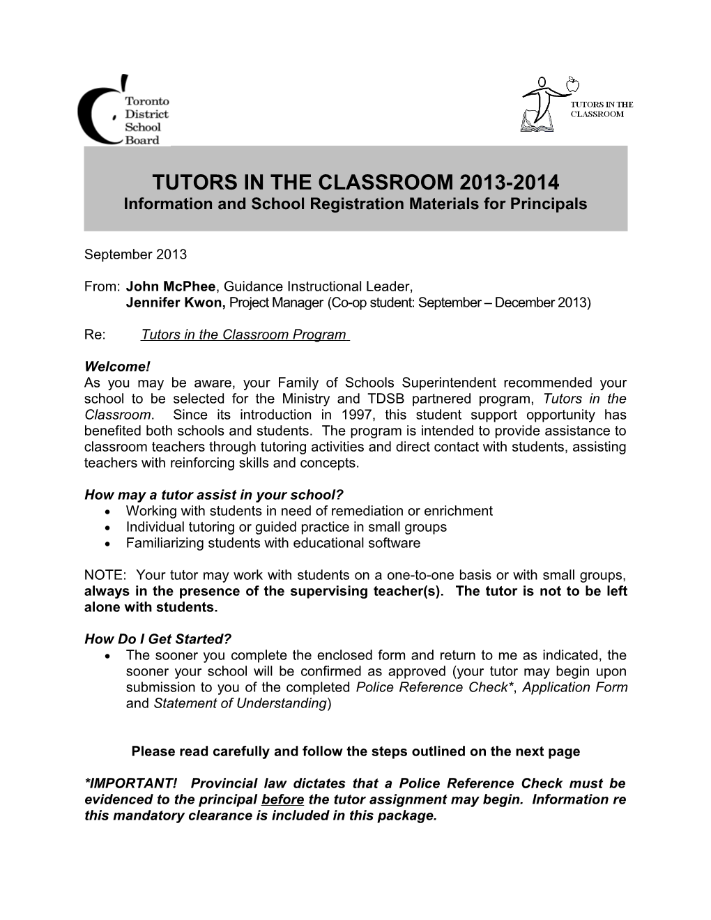 Tutors in the Classroom 2013-2014