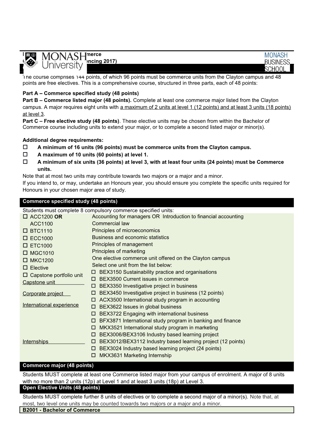 MUST Complete a Minimum of 16 Units from Faculty of Business and Economics at Clayton Campus