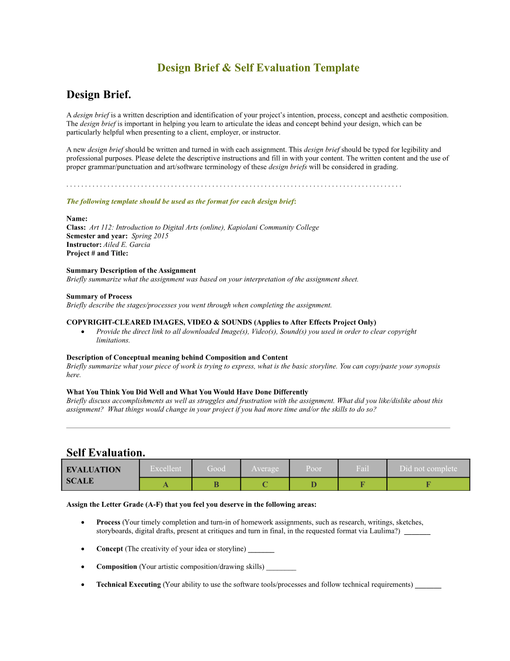 Design Brief & Self Evaluation Template