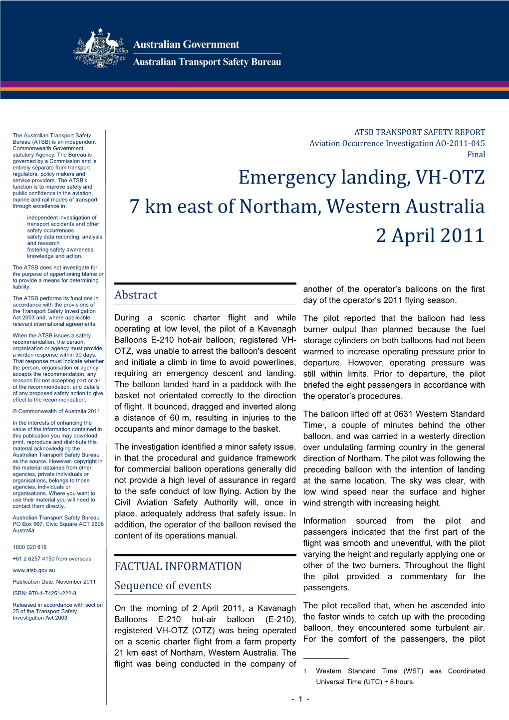 Emergency Landing, VH-OTZ 7 Km East of Northam, Western Australia 2 April 2011