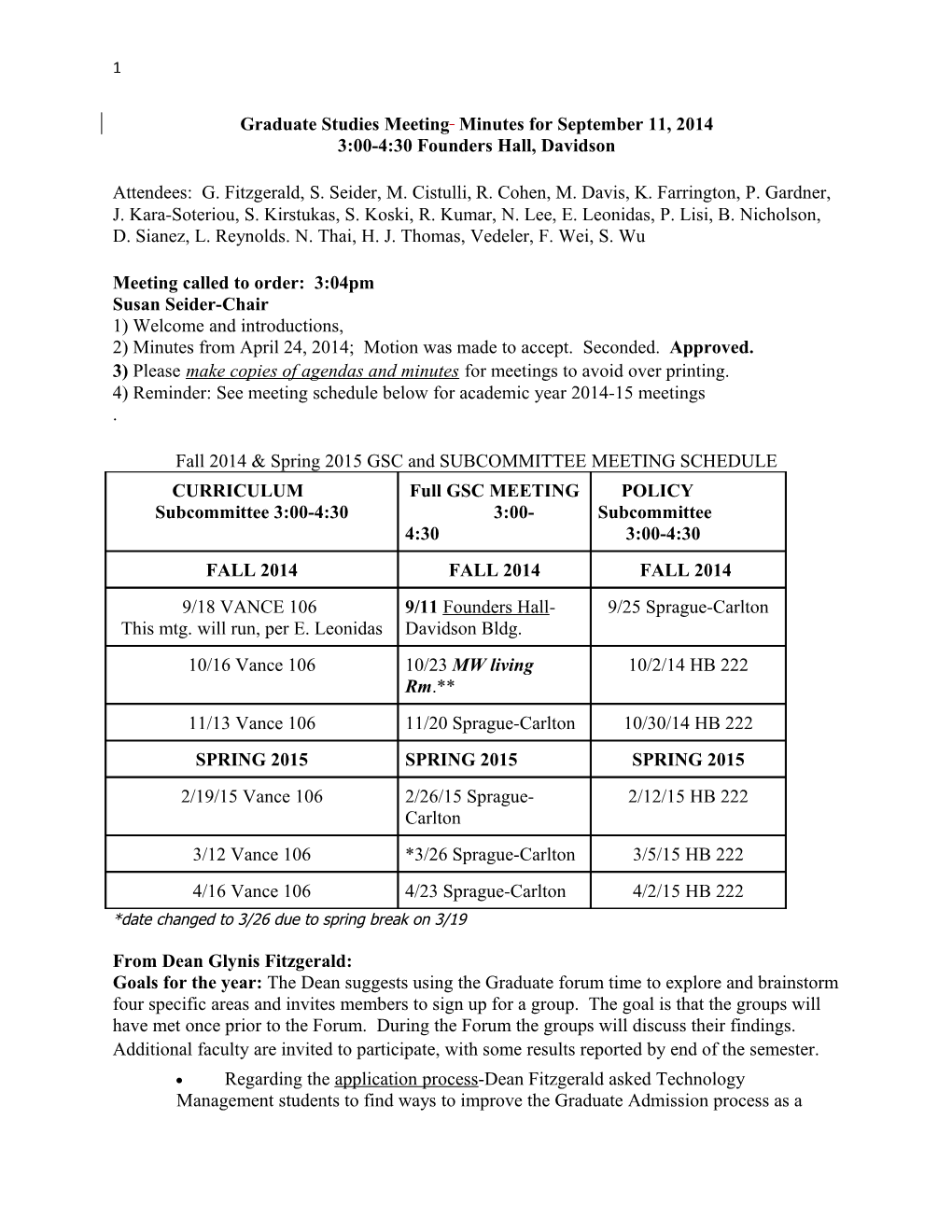 Graduate Studies Meeting Minutes for September 11, 2014