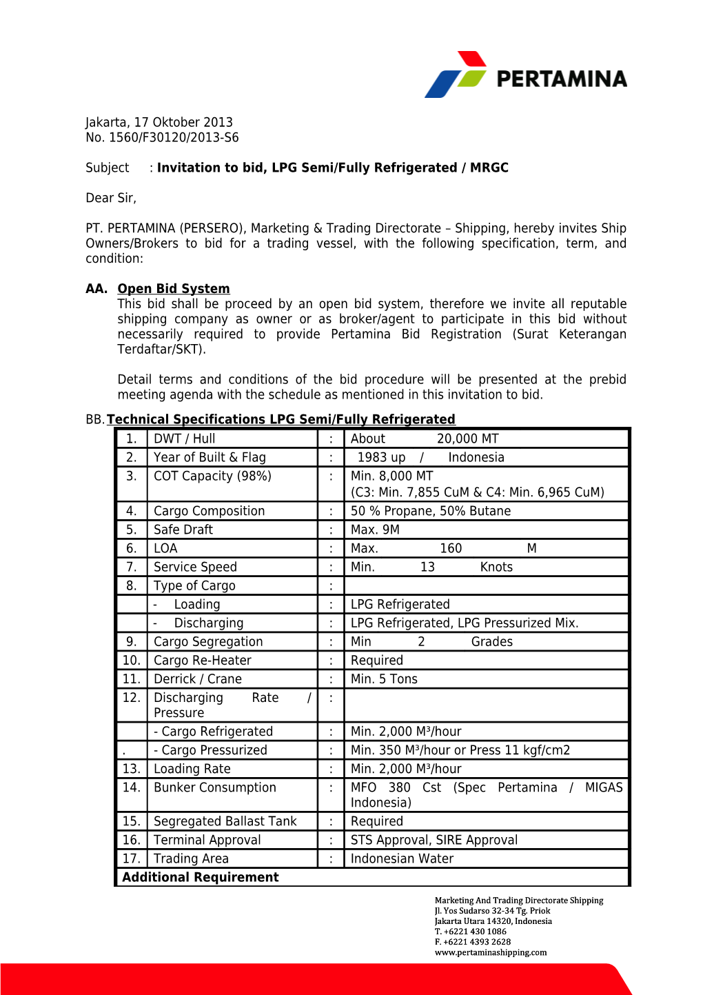 Subject: Invitation to Bid, LPG Semi/Fully Refrigerated / MRGC