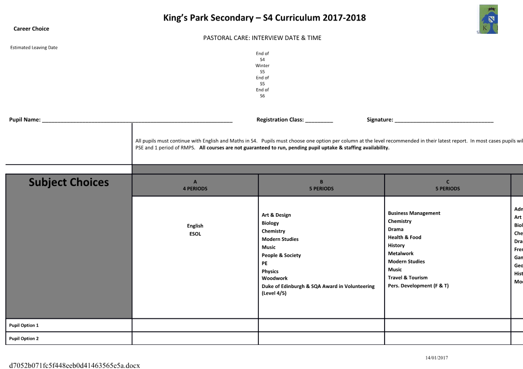 King S Park Secondary S4 Curriculum 2017-2018