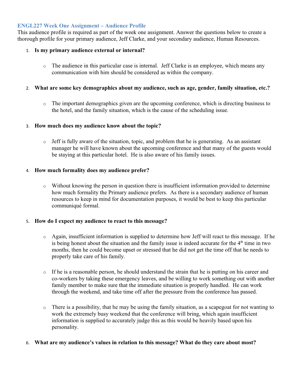 ENGL227 Week One Assignment Audience Profile